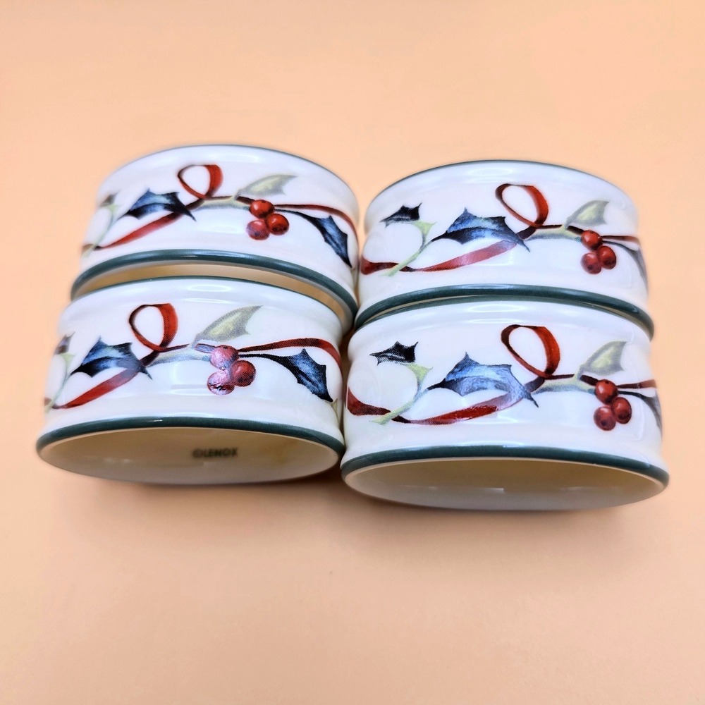 Lenox Winter Greetings Everyday Napkin‎ Rings Set of 4 Holly Berries Ivory China - Picture 7 of 14
